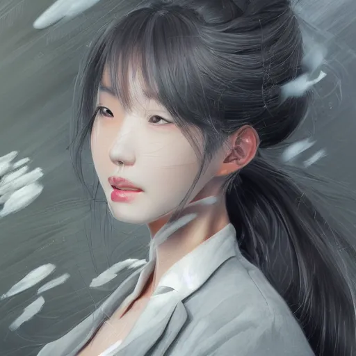 Image similar to dynamic composition, motion, ultra-detailed, incredibly detailed, a lot of details, amazing fine details and brush strokes, colorful and grayish palette, smooth, HD semirealistic anime CG concept art digital painting, watercolor oil painting of a young office lady, by a Chinese artist at ArtStation, by Huang Guangjian, Fenghua Zhong, Ruan Jia, Xin Jin and Wei Chang. Realistic artwork of a Chinese videogame, gradients, gentle an harmonic grayish colors.