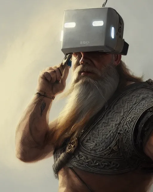 Prompt: a grey bearded viking cyborg wearing a vr headset, shoreditch, real life skin, intricate, highly detailed, artstation, concept art, smooth, sharp focus, art by artgerm and greg rutkowski