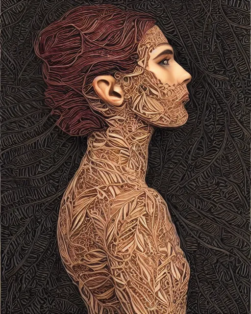 Image similar to a woman's face in profile, made of intricate decorative lace leaves, in the style of casey weldon, dark and moody