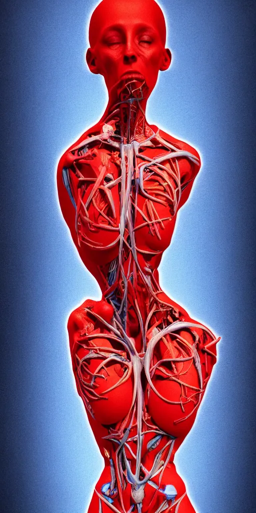 Image similar to poster design, full body anatomical model, 3 d photographic render of a deconstructed asymmetric human anatomical correct human body, in hoc signo vinces, waterfall, in the style of leonora carrington, gottfried helnwein, intricate composition, blue light by caravaggio, insanely quality, highly detailed, masterpiece, red light, artstation
