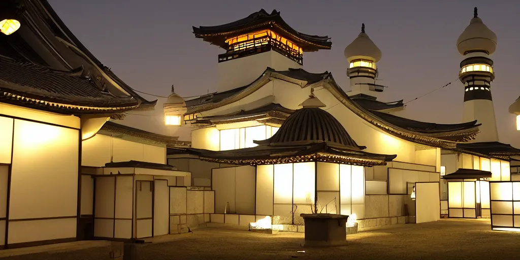 Prompt: japanese mosque at night. there are glowing lanterns