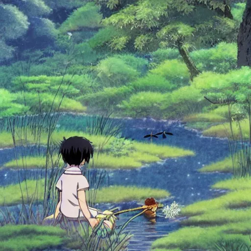 Prompt: Beautiful anime by studio ghibli. a purple furry crouches near a stream to hunt for tadpoles. she clutches a twig in her hand. the reeds and wild grasses of the water\'s edge gently sway in the breeze as dragonflies dance and dart above. nostalgic feeling. warm, happy memories. wonderful world. fresh morning scene.