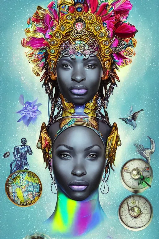 Image similar to opalescent retrofuturistic digital airbrush illustration of an african warrior wearing an ornate gpu headpiece and holding a flower with a map of the collective subconscious in the background by luigi patrignani