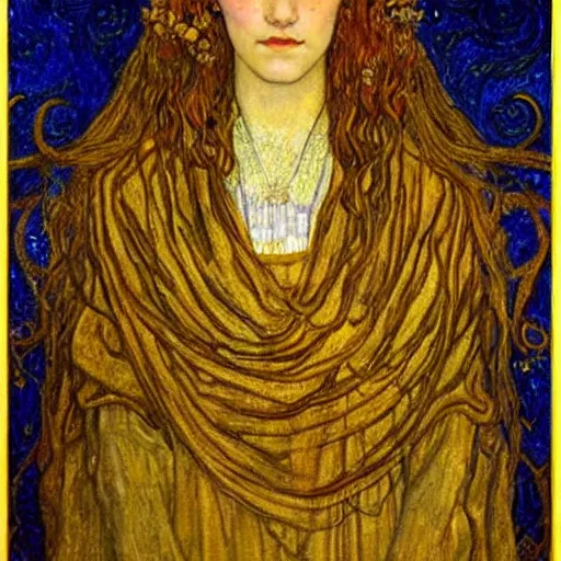 Image similar to detailed realistic beautiful young medieval queen face portrait by jean delville, gustav klimt and vincent van gogh, art nouveau, symbolist, visionary, gothic, pre - raphaelite