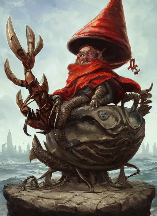 Prompt: a d & d gnome wizard sitting atop a giant crab painted by raymond swanland