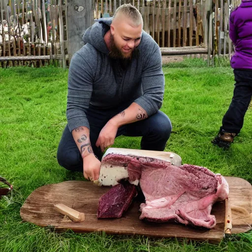 Image similar to ragnar lothrbok cutting off head of lamb at the pet n play zone in zoo with children crying around him while he laughs with beer and bloody axe in hand