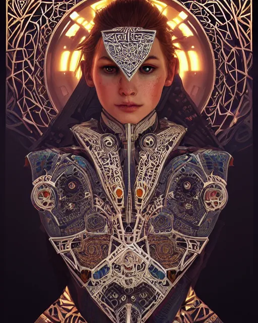 Image similar to symmetry!! portrait of a machine from horizon zero dawn, machine face, decorated with islamic motifs, intricate, elegant, highly detailed, digital painting, artstation, concept art, smooth, sharp focus, illustration, art by artgerm and greg rutkowski and alphonse mucha, 8 k