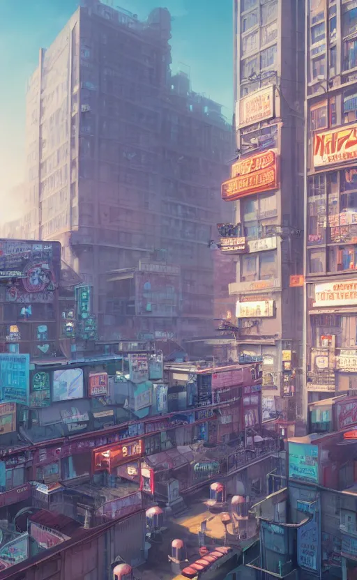 Image similar to A highly detailed matte painting of Buildings with Billboards and neonsigns by Studio Ghibli, Makoto Shinkai, by Artgerm, by WLOP, by Greg Rutkowski, volumetric lighting, octane render, 4K resolution, trending on artstation, masterpiece