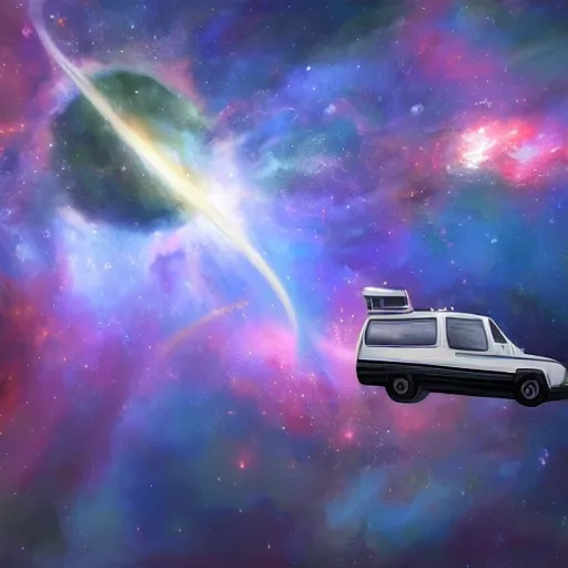 Image similar to a photorealistic concept art painting of a space van flying in front of a nebula, metal, hyper realistic, trending on artstation