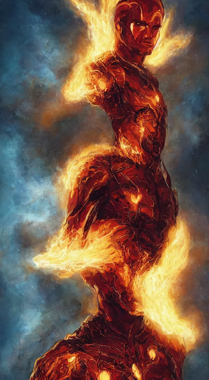 Prompt: full body concept art of Human Torch made with fire sparks by Marc Simonetti + beautiful eyes, beautiful face + symmetry face, symmetry body + border and embellishments inspiried by occult insignia, fractals in the background, galaxy + baroque, gothic, surreal + highly detailed, intricate complexity, epic composition, magical atmosphere + masterpiece, award winning + trending on artstation