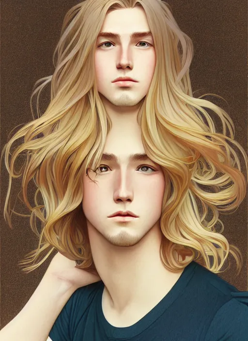 Image similar to pretty young man with shoulder length shiny shimmering golden blond hair, half body shot, path traced, highly detailed, high quality, digital painting, by studio ghibli and alphonse mucha, leesha hannigan, hidari, disney