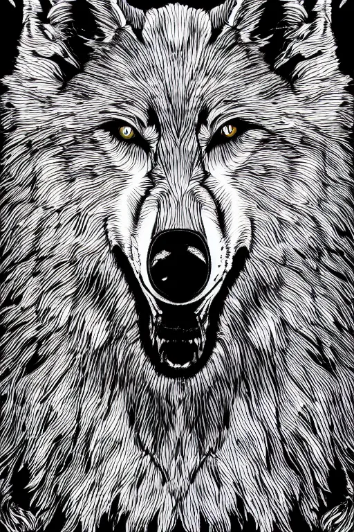 Image similar to Psychotic crisis portrait of a wolf head. very detailed, lineart