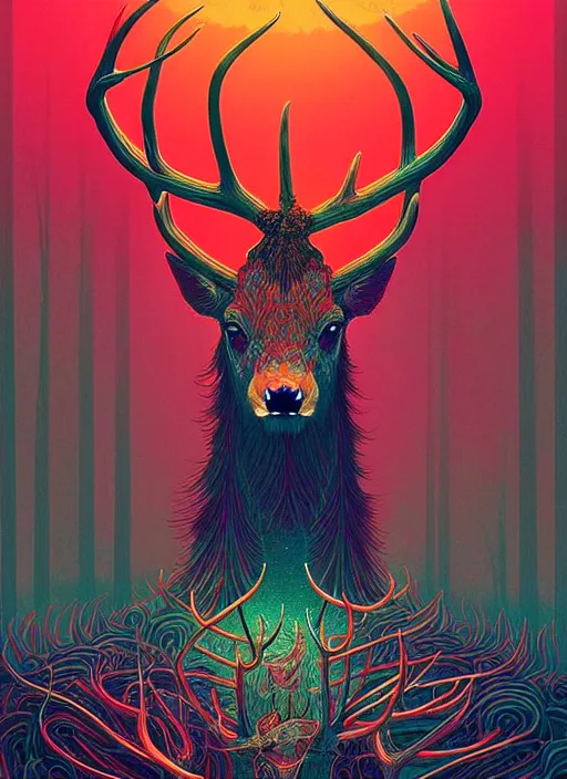 Prompt: symmetry!! stunning portrait of stag with long antlers, by victo ngai, kilian eng vibrant colors, dynamic lighting, digital art, winning award masterpiece, fantastically beautiful, illustration, aestheticly inspired by beksinski and dan mumford, upscale with simon stalenhag work, artstation, 8 k