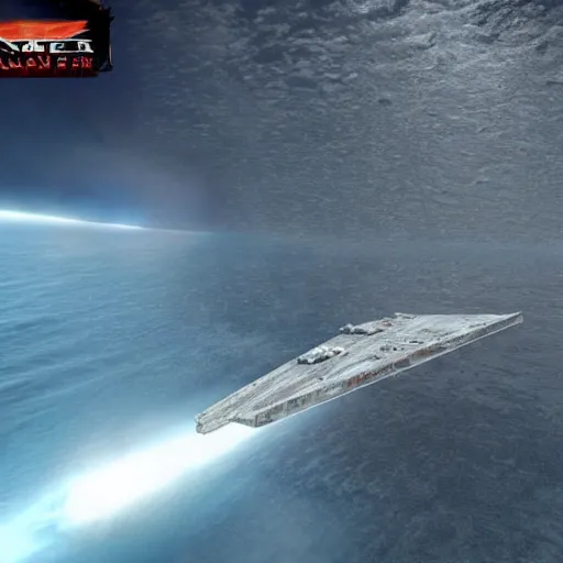 Prompt: Venator class star destroyer crashing into the Pacific ocean.
