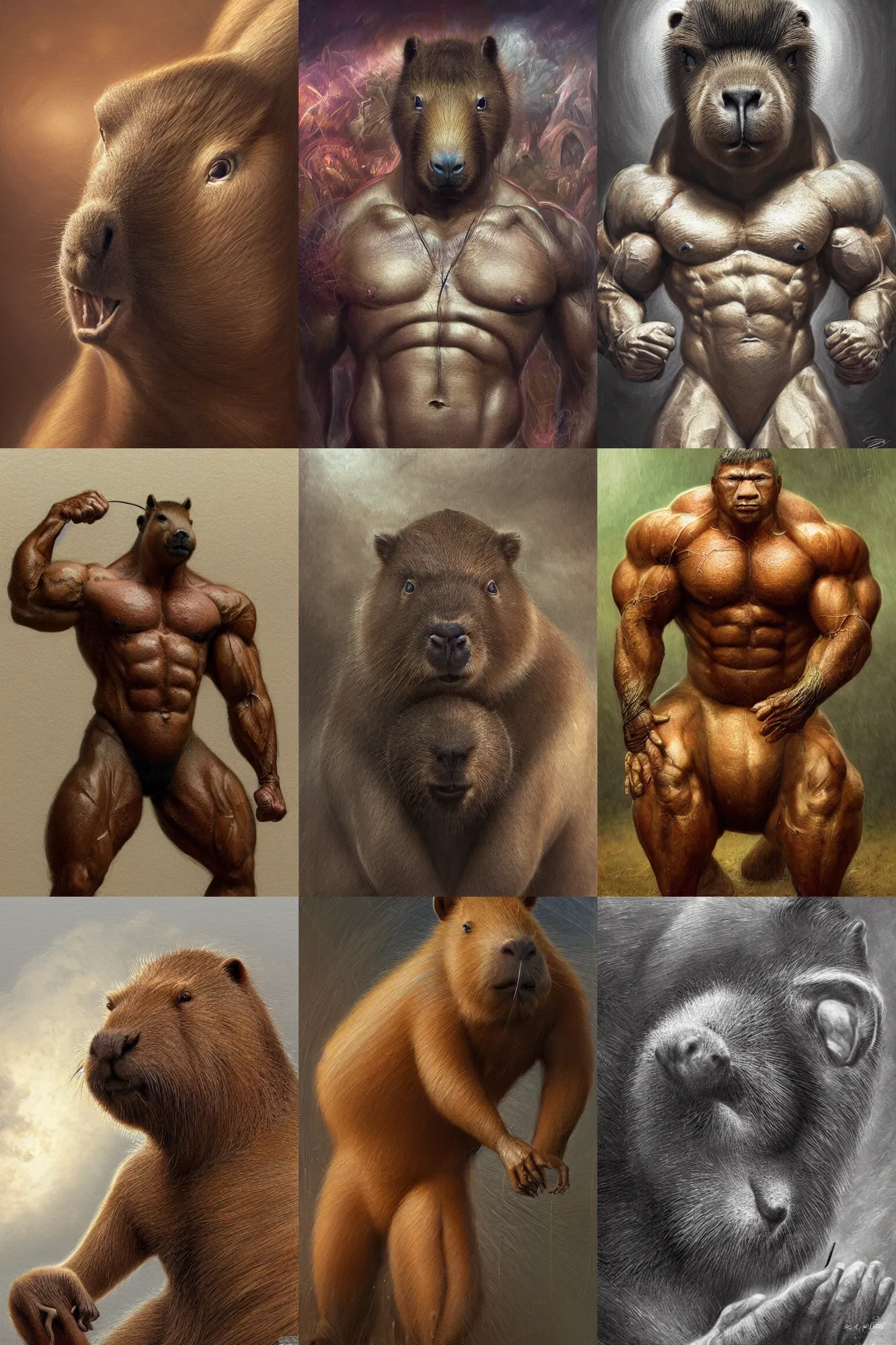 Prompt: portrait of a capybara bodybuilder posing ultra realistic illustration, a hulking herculean, intricate, bulging muscles, highly detailed, digital painting, artstation, radiant light, caustics, war hero, psychedelic dmt, concept art, smooth, sharp focus, by gaston bussiere, bayard wu, giger, maxim verehin