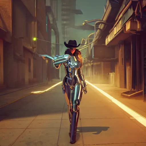 Prompt: beautiful female cyborg wearing cowboy hat walking in art deco cyberpunk alley, brilliant long green hair, glowing golden eyes, wearing long trench coat, bright silver revolvers in holsters, dynamic dramatic golden moody lighting, volumetric lighting, shadows,cinematic atmosphere,Artstation, hyperrealistic 3D digital art,Octane render,8K 4K UHD image