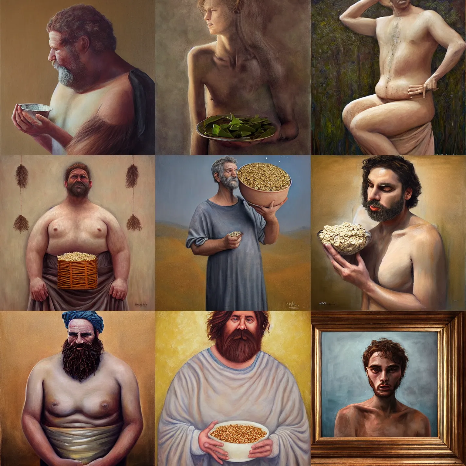 Prompt: Big Man, Big Oatmeal, the god of oatmeal, painting by Monia Merlo