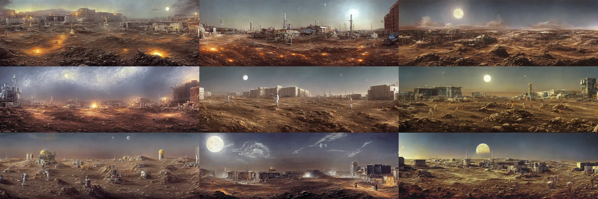 Prompt: painting of a lunar soil norilsk city, moonwalker photo, lunar soil, busy street, city street on the moon, future norilsk street base, sci - fi, detailed, by thomas cole