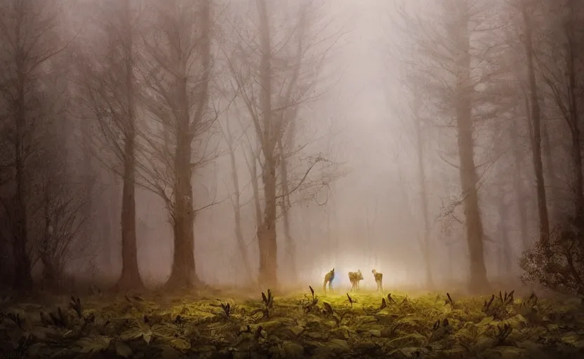 Prompt: spectral figures coming out of the fog with their pack of wolves, leaves and feathers twisted in their hair, moss growing on their clothes, destructive magic pulsing at their fingertips, wolves, glowing fingertips, a spectacular intricate moody biedermeier painting, cgsociety art