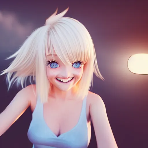 Prompt: beautiful hyperrealism selfie of a cute 3 d anime young woman smiling smugly, long light platinum blonde hair, flushed face, heart - shaped face, cute freckles, light blue eyes, golden hour, 8 k, instagram