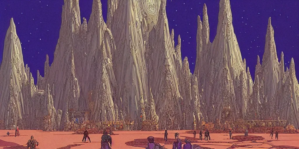 Image similar to cel shaded cinematic shot, matte illustration, the interior of a sci - fi space station with ornate elven architecture bustling with people, epic castle, emerald, crystalline, detailed illustration, sharp focus, crisp lines, art by moebius, jean giraud moebius comic illustration