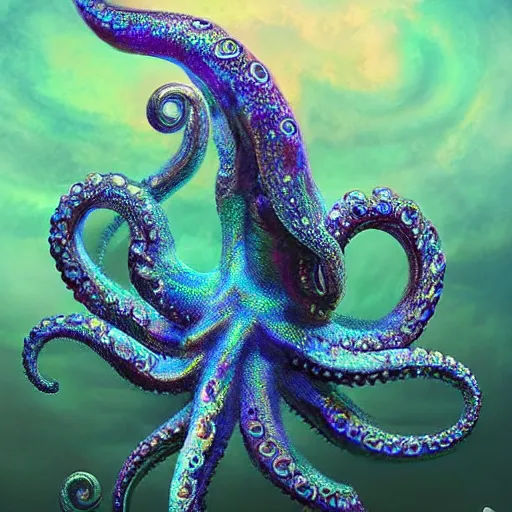 Image similar to a dramatic and beautiful digital matte painting of large iridescent octopus with legs made of fractal celtic knots, trending on cgartist, hi-fructose, mandala