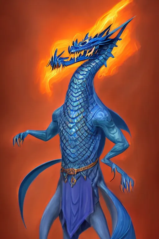 Image similar to full length portrait of a blue dragon sorcerer, anthropomorphic, nature lover, nerd, clumsy, electricity, comets, dragon, male, magical robes, high fantasy, d & d, by tyler jacobson, face details, extremely detailed, digital illustration