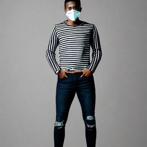 Image similar to professional pencil sketch of a full-body view of a stylish young adult man with short hair wearing a black face mask, a striped long-sleeved shirt, and ripped skinny jeans, high quality, HD, 8K, highly detailed, award-winning