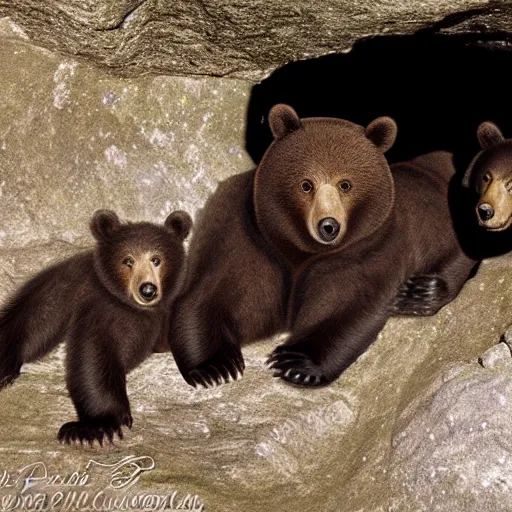 Image similar to a mother bear and her cubs sleeping in a dark cave