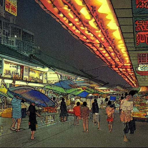 Image similar to concept art of a singaporean wet market at night, by moebius