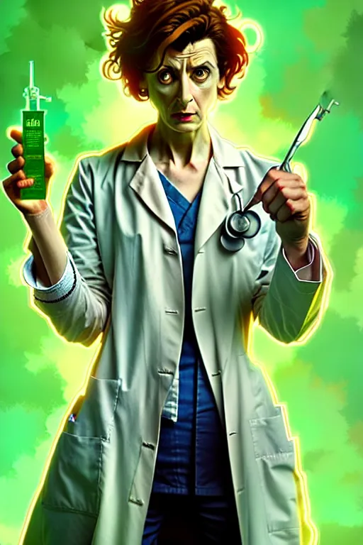 Image similar to doctor who, woman, as a mad dentist, on a plain green background, art by artgerm and greg rutkowski and alphonse mucha