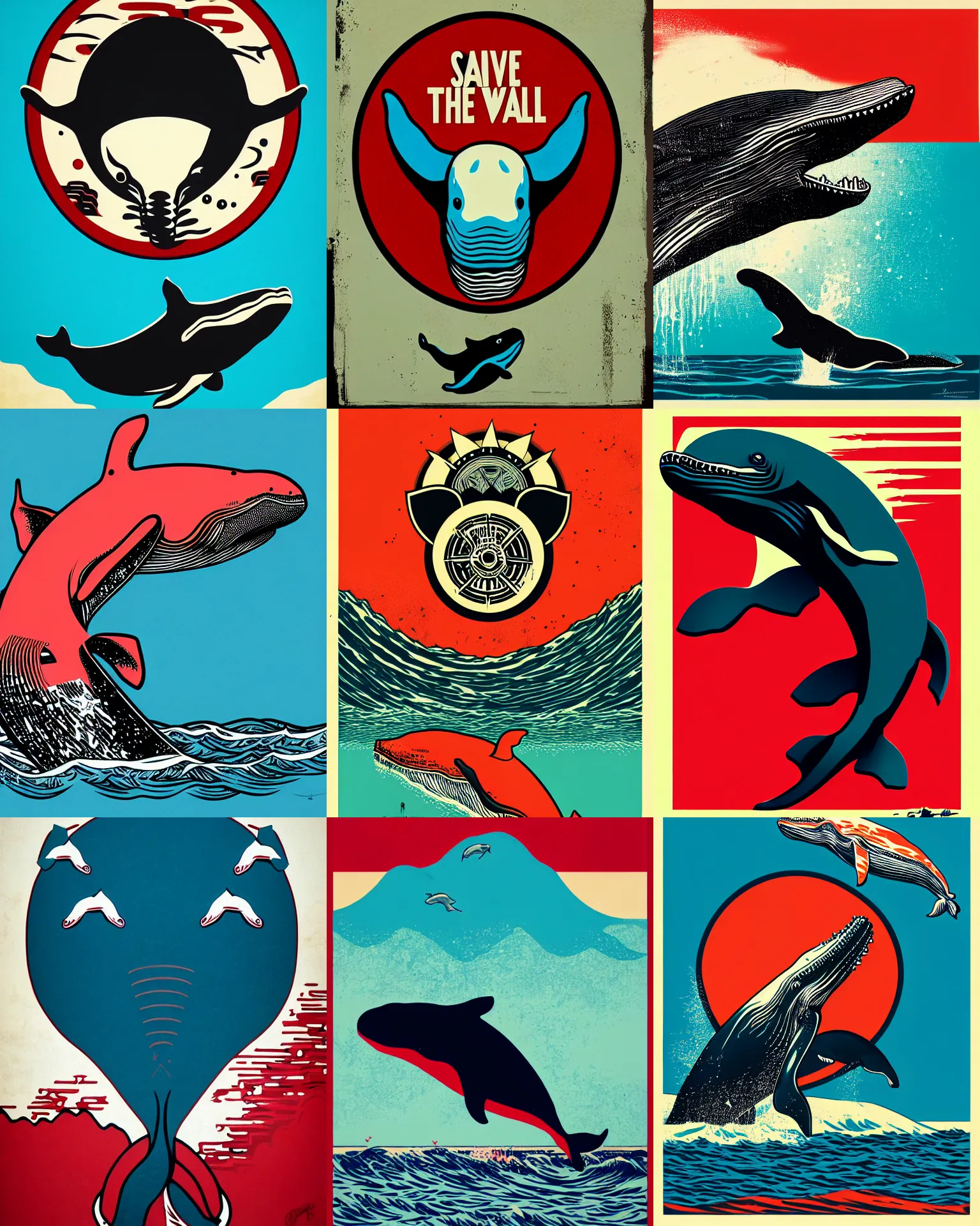 Prompt: save the whales, graffiti, highly detailed, simple, no jagged lines, smooth, artstation, centered artwork by shepard fairey