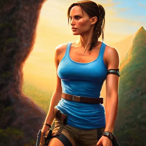 Image similar to Portrait of Natalie Portman as Lara Croft wearing a blue skater dress, Tomb Raider, Alicia Vikander, beautiful, 4k oil on linen by wlop, artgerm, andrei riabovitchev, nuri iyem, james gurney, james jean, greg rutkowski, highly detailed, soft lighting 8k resolution