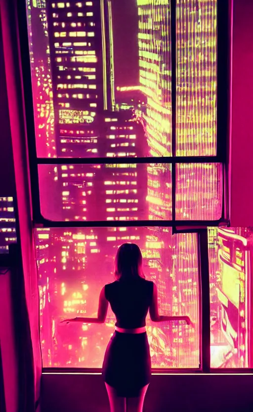 Image similar to vertical phot, girl in 7 0's retro club, editorial, fashion, neon - decorated urban on night in the city seen through the window, modern architecture design, vintage, night, blade runner, dark, clean lines, asian futuristic city at distance, big windows, octane, wide angle