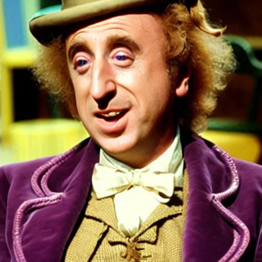 Prompt: gene wilder in willy wonka and the eggplant factory, willy wonka holding eggplants