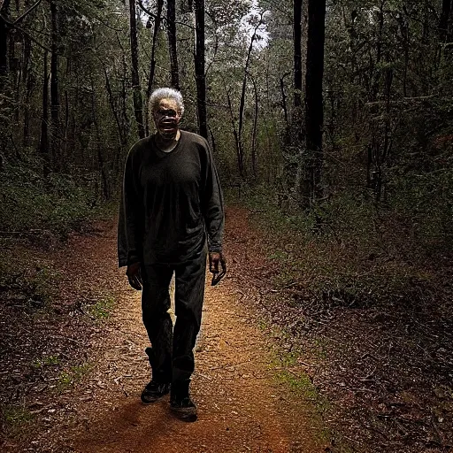 Prompt: scary trailcam photo of morgan freeman at night walking in the forest