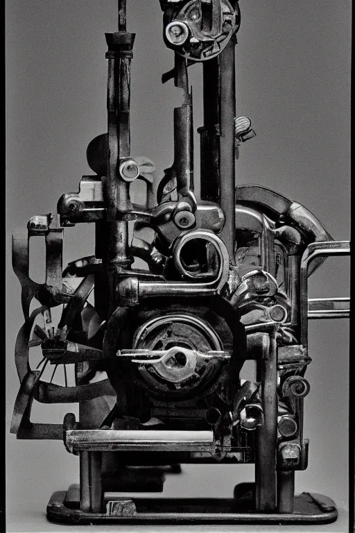 Prompt: a close-up portrait of Marcel Duchamp's industrial machine in the style of Hito Steyerl and Shinya Tsukamoto and Irving Penn and Robert Frank, intricate contraption
