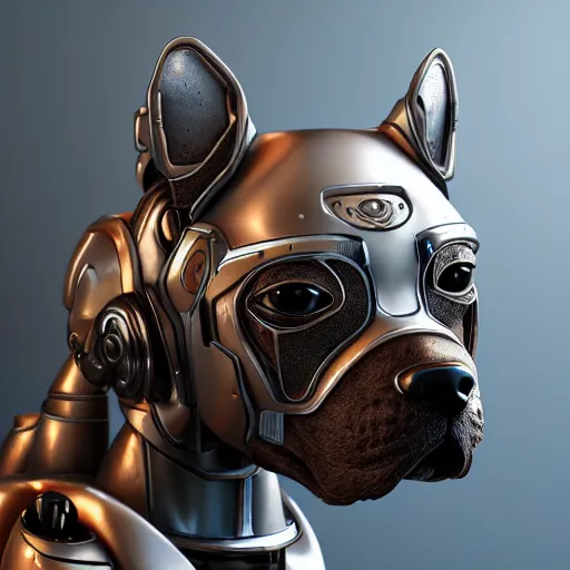 Prompt: A puppy in cybernetic mecha armor, bust portrait, art by Eugenia firs ArtStation, Octane render, intricate detail, smooth, sharp focus,