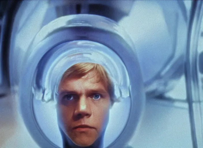 Image similar to screenshot from the lost star wars film, blue transparent hologram of Luke Skywalker, iconic scene from Star Wars, directed by Stanely Kubrick, moody cinematography, with anamorphic lenses, crisp, detailed, 4k