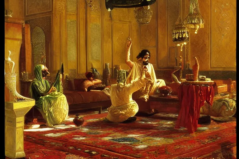 Prompt: The Persian Genie Destroys his Magic Lamp in an Opulent Turkish Salon, art by Paul Cadmus and Osman Hamdy Bey and Jean-Léon Gérôme