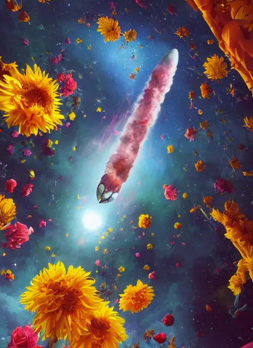 Image similar to An epic fantastic realism comic book style painting of the most beautiful flowers launched into space, bouquets, fisheye lens, unreal 5, DAZ, hyperrealistic, light burst, octane render, dynamic lighting