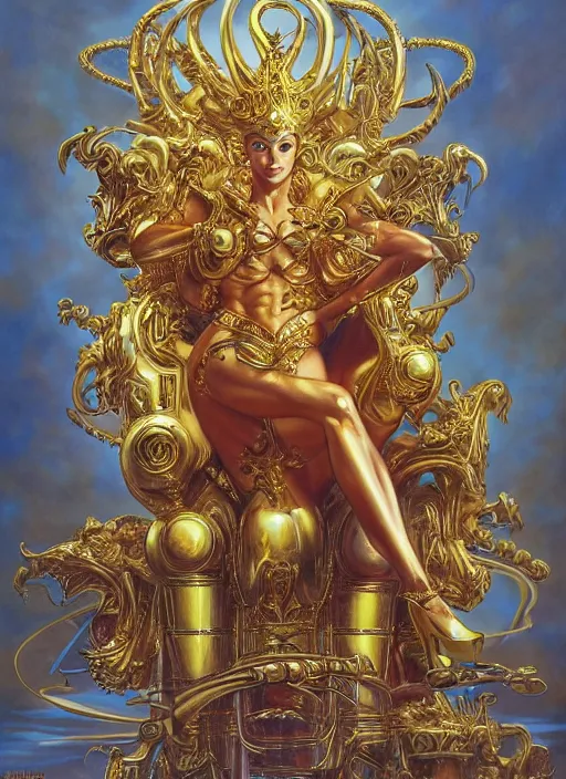 Prompt: airbrush painting of an amazing golden queen seated over a fantasy throne, by hajime sorayama and boris vallejo, realistic, hyperdetailed, centered, fantastic, masterpiece, trending on artstation,