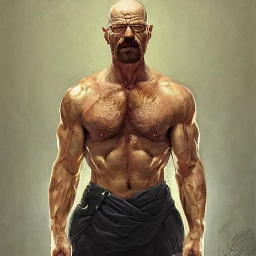 Image similar to the ultimate gigachad, incredibly muscular walter white, walter white with chiseled jawline, trending on /r/moreplatesmoredates, oil on canvas artstation by J. C. Leyendecker and Edmund Blair Leighton and Charlie Bowater octane render