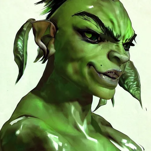 Prompt: character portrait of a green orc female, light green tone beautiful face by yoji shinkawa