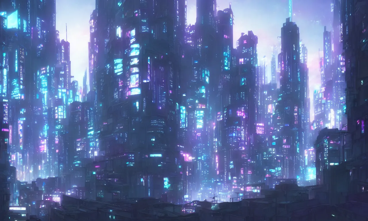 Image similar to city in the atmospheric cyberpunk anime film, gouache matte background painting, at night with lights, by makoto shinkai, in the anime series ergo proxy, beautiful specular edge highlights and rim lighting