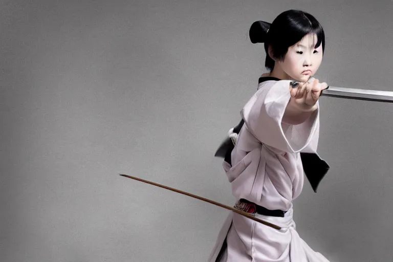 Image similar to beautiful photo of a young modern geisha samurai warrior practising the sword, mid action swing, beautiful eyes, shining silver katana sword, award winning photo, muted pastels, action photography, 1 / 1 2 5 shutter speed, dramatic lighting