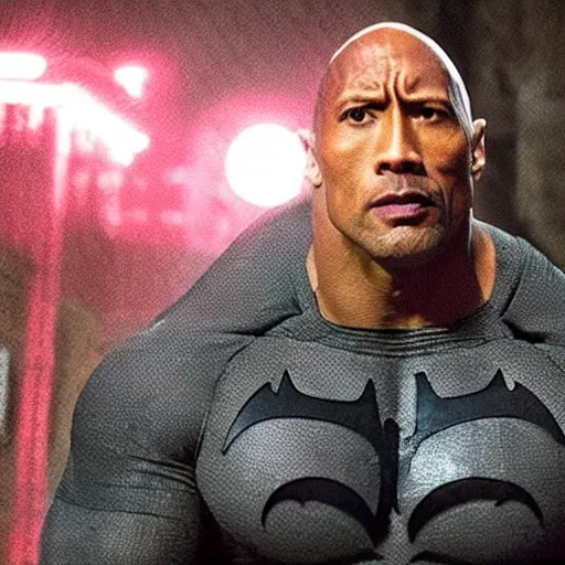 Image similar to Dwayne Johnson as Spiderbatman , under rain, dramatic, sad ambience, an film still