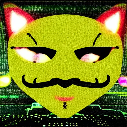 Image similar to A cat wearing a guy fawkes mask, typing maliciously on a computer, with a green screen and binary numbers. Award-winning cyberpunk glitchcore art