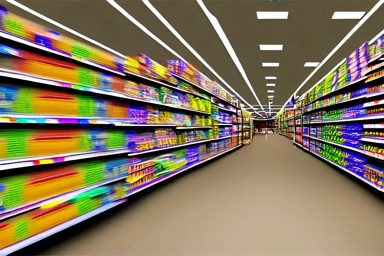 Image similar to lsd trip in the supermarket. super realistic 8 k render of a elegant, cinematic composition