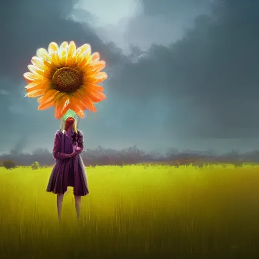 Prompt: giant daisy flower uber head, frontal, a girl in a suit, surreal photography, sunrise, dramatic light, impressionist painting, digital painting, artstation, simon stalenhag